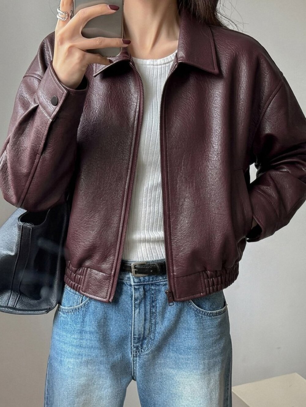 Burgundy Casual Women's Funnel Neck Raglan Short Faux Leather Jacket